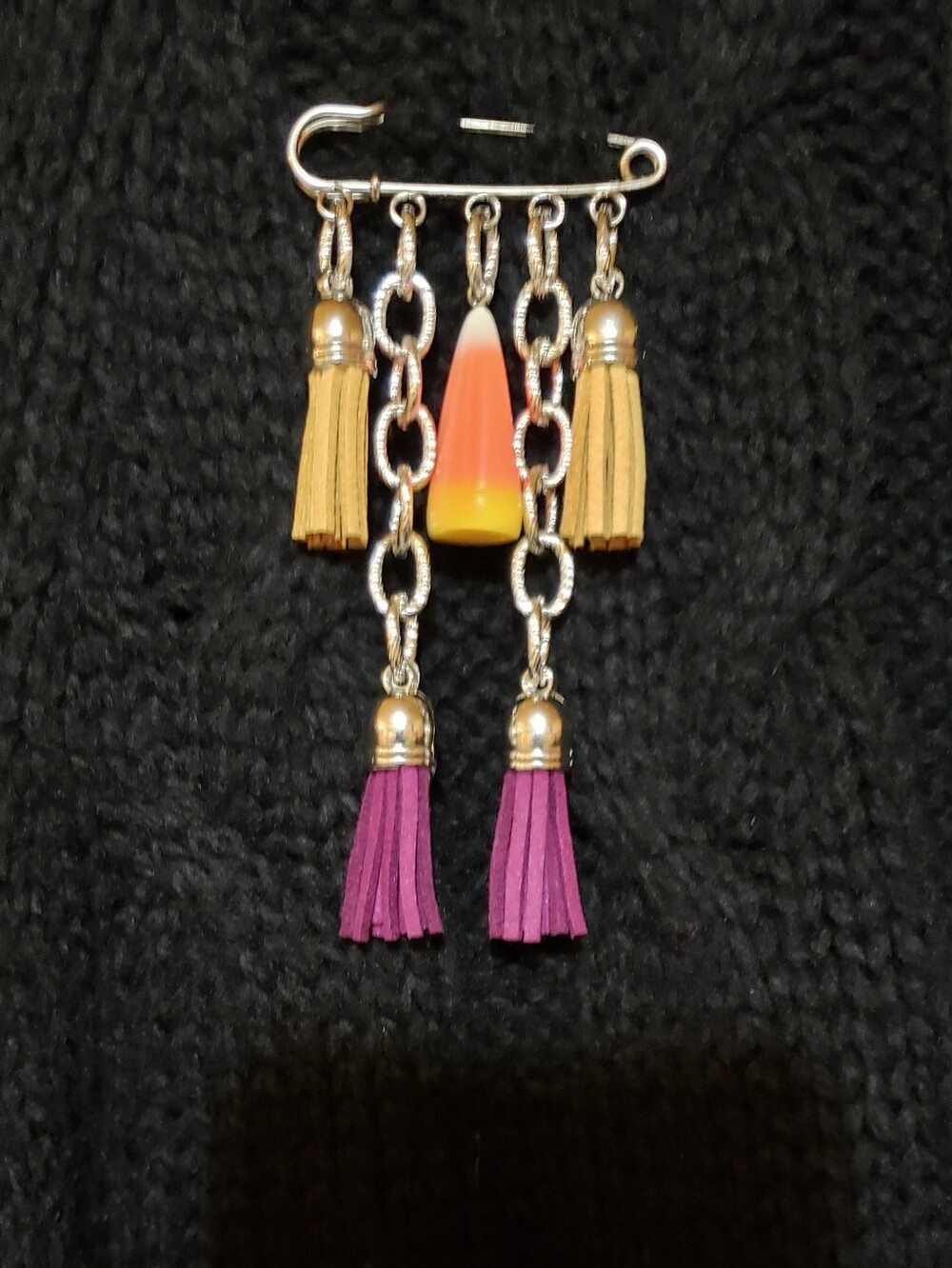 Tassel Drop Necklace with Candy Corn, Pink and Tan Accents.